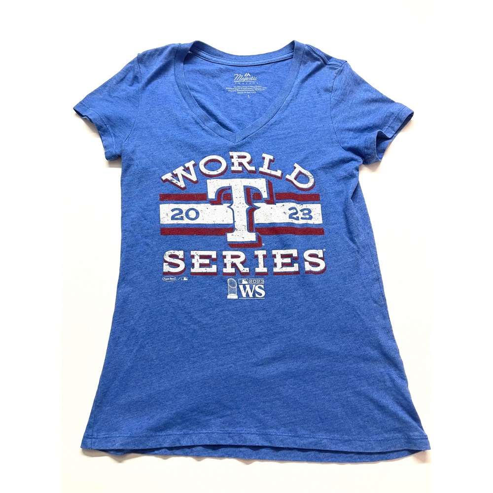 Texas Rangers 2023 World Series T-Shirt Womens Large Blue V-Neck MLB 0336